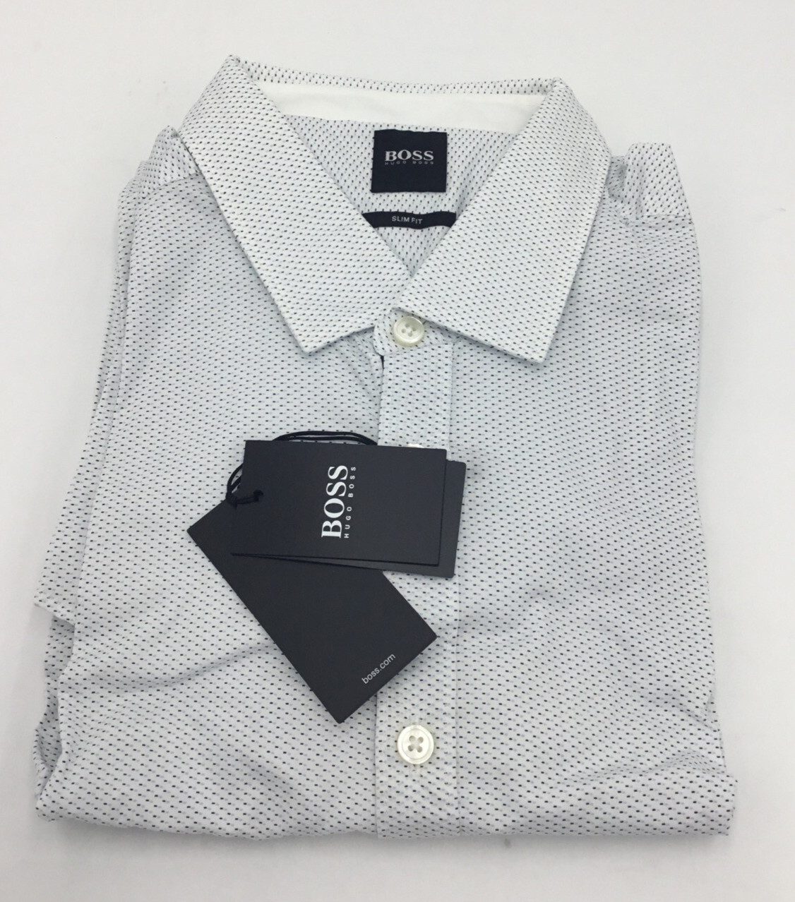 Приталенная рубашка HugoBoss из хлопка с мелким рисунком белого цвета, размер Sz Large