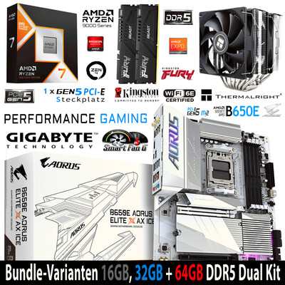 PC Bundle Ryzen 7 9800X3D GIGABYTE B650E AORUS ELITE X ICE mit 16, 32 +64GB DDR5