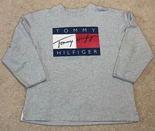 VTG 90s Tommy Hilfiger Gray Big Logo Flag Pullover Sweatshirt - Adult XL USA