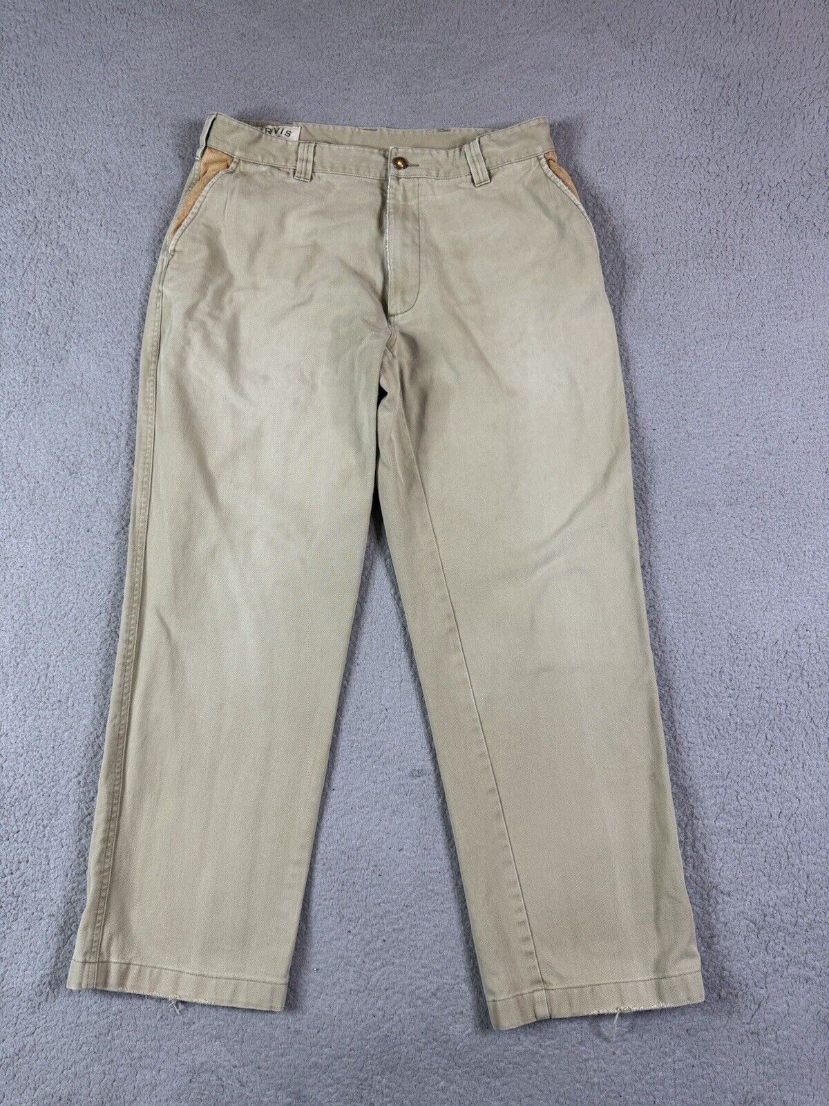 Vintage ORVIS Pants 36x30 Chino Khaki Suede Leather Trim Pockets Hunting Fishing
