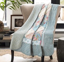 Original 100 Cotton Quilt Twin Size Blue Floral Patchwork Quilted Throw Blan...
