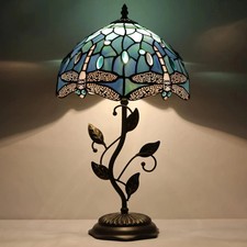 Blue Dragonfly Stained Glass Table Lamp 19" High with Metal Leaf Base