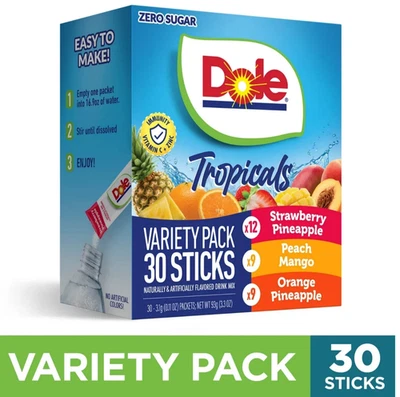 Dole Powder Drink mix variety Pack Tropical Peach Mango & Fruit Sugar Free 30 Ct