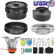 Camping Cooking Set Non-Stick Pots Kettle Stove Utensils Backpack Gear New