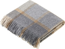 Wool Plaid Throw Blanket, Merino Lambswool, Block Windowpane Beige Grey, Made in