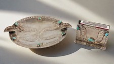 Vintage Southwestern Silver & Turquoise Cigar Tray w/Matchbox Holder Set