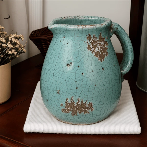 Hochwertiger Krug Keramik Kanne hellblau Vase Used Look Dekovase Shabby Chic - Bild 3 von 4