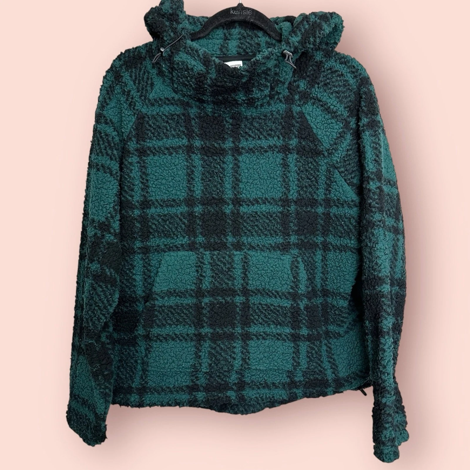 UNDERCOVER Victoria's Secret ROSA Pile Sherpa Pullover Plaid Felpa con Cappuccio Giacca Verde XS