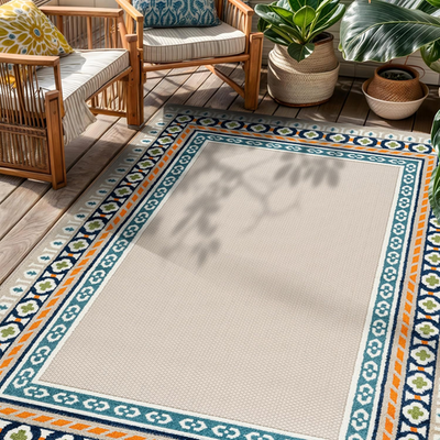 #ad Indoor Outdoor High Low Textured Area Rug Coastal Border Easy Clean Patio Rug $134.99