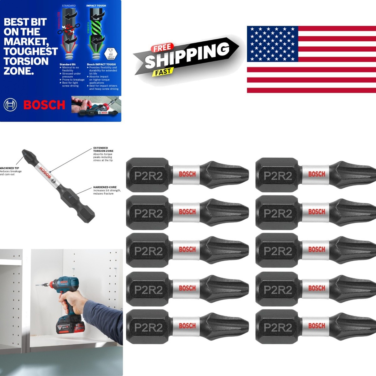 Long Lasting 10 Pack Impact Tough 1 Inch Bits Phillips Square for