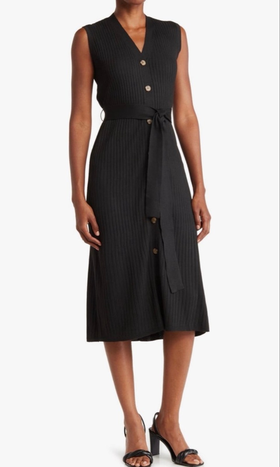 Magaschoni Ribbed Sleeveless Knit Button Front Sweater Midi Dress Black XS