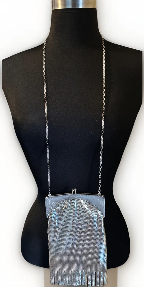 Vintage Whiting and Davis Silver Mesh Evening Bag Clasp Purse w Fringe - Image 2 of 4