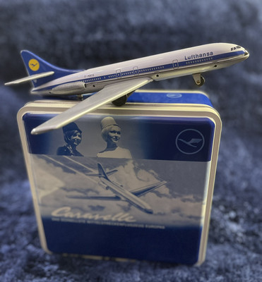 Lufthansa Caravelle SE 210 Blech Modell , Broschüre, in Blechdose, unbespielt.