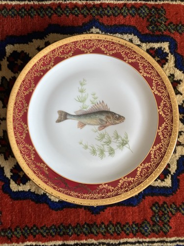 Limoges France Dartigeas Fisch Servierplatte und Teller Burgund und Gold Teller - Bild 9 von 17