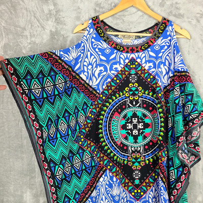 Flying Tomato Cold Shoulder Kimono Top Patchwork Geo Boho Hippie Size S