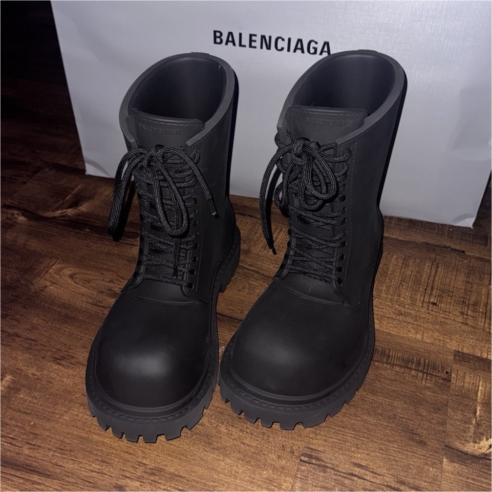 Balenciaga Black Rubber Lace Up Logo Ankle Combat Boots Men Casual Fall Winter
