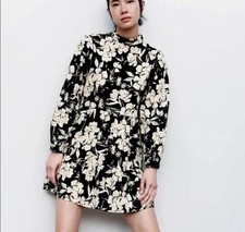 Zara Dress XS Black White Floral High Neck Mini Flair Boho Peasant Oversized
