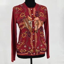 J. McLaughlin Women Small Red Equine Print Button Cardigan Sweater Horse bit