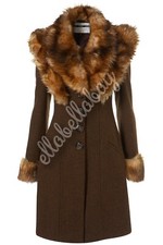 Topshop Premium Herringbone Tweed Wool Rust 40s Faux Fur Collar Dress Coat Uk14