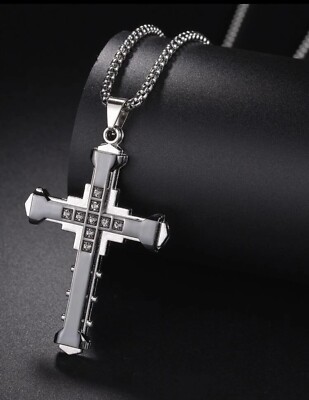 Men's Women's Rhinestone Decor Cross Pendant Necklace Stainless Steel ...