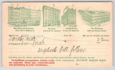 1907 Baltimore Bargain House Advertising Postcard