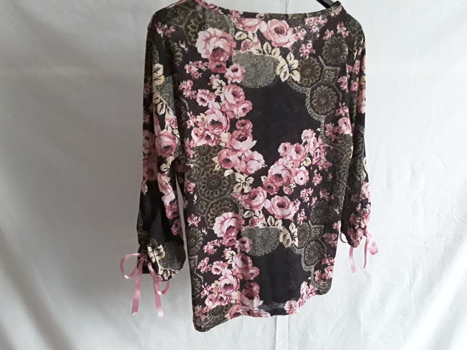 Ladies Blouse Sheer Stretch Floral 3/4 Sleeve Pink Ribbons Size 14 eBay