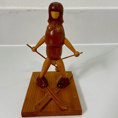 Vintage Wooden Female Skier Figurine (rare) Made By AGI Taiwan 4.5  X  2.75 