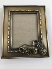Vintage Photo Picture Frame with baby shoes on corner -brushed Antique gold tone