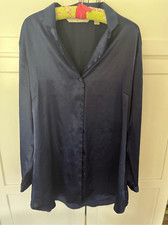 Vintage Victoria  s Secret Women  s Silky Navy Night Shirt Sz L Button Up