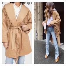 Divine Heritage Shawl Collar Tie Waist Fringe Long Wool Coat Tan Women's Large
