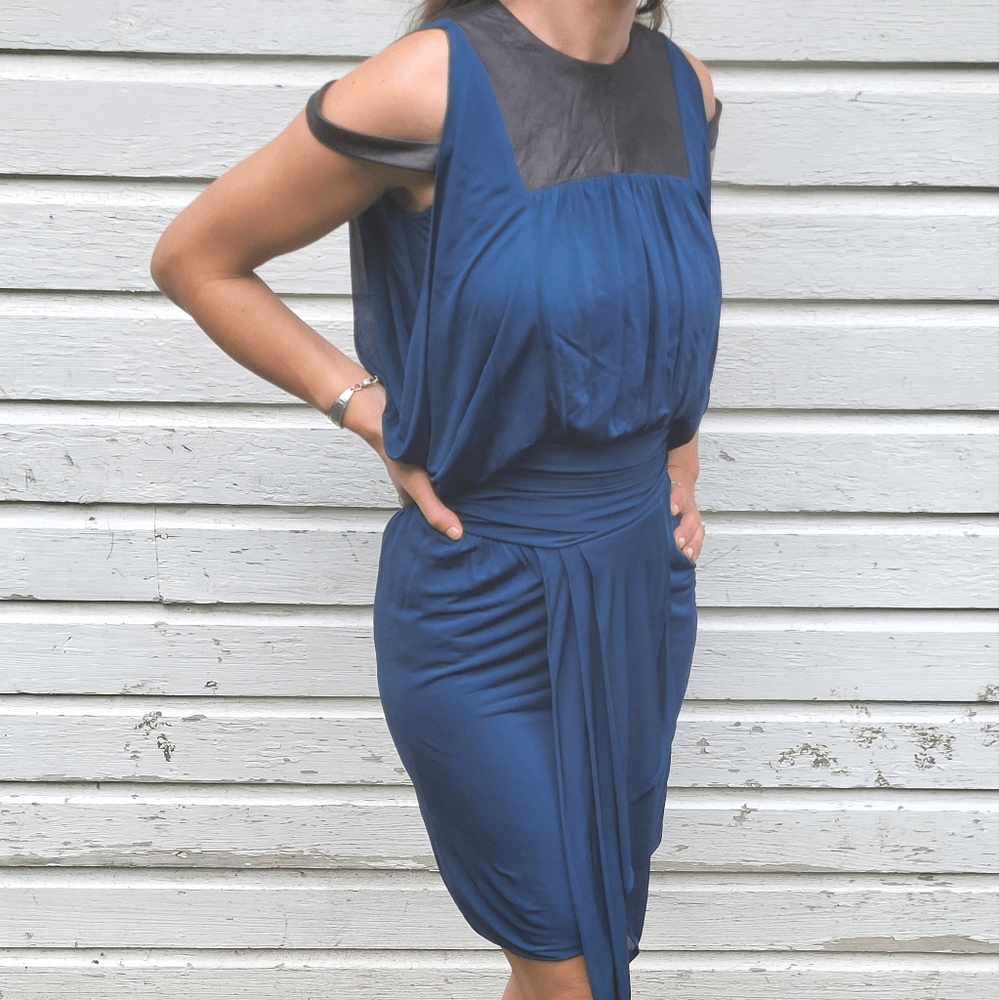 leather trim cut out back dress by yigal azrouel Yigal Azrouel Couture Dress Draped Leather Trim Cold Shoulder Black Blue 2