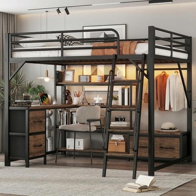 Queen Size Loft Bed with Desk and Charging Station, Heavy Duty Metal Loft Beds