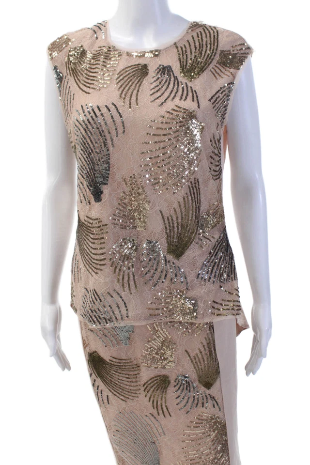 Conjunto de Blusa BCBG Max Azria Feminina Lantejoulas Gola Redonda Sem Mangas Rosa Tamanho M - Imagem 2 de 4