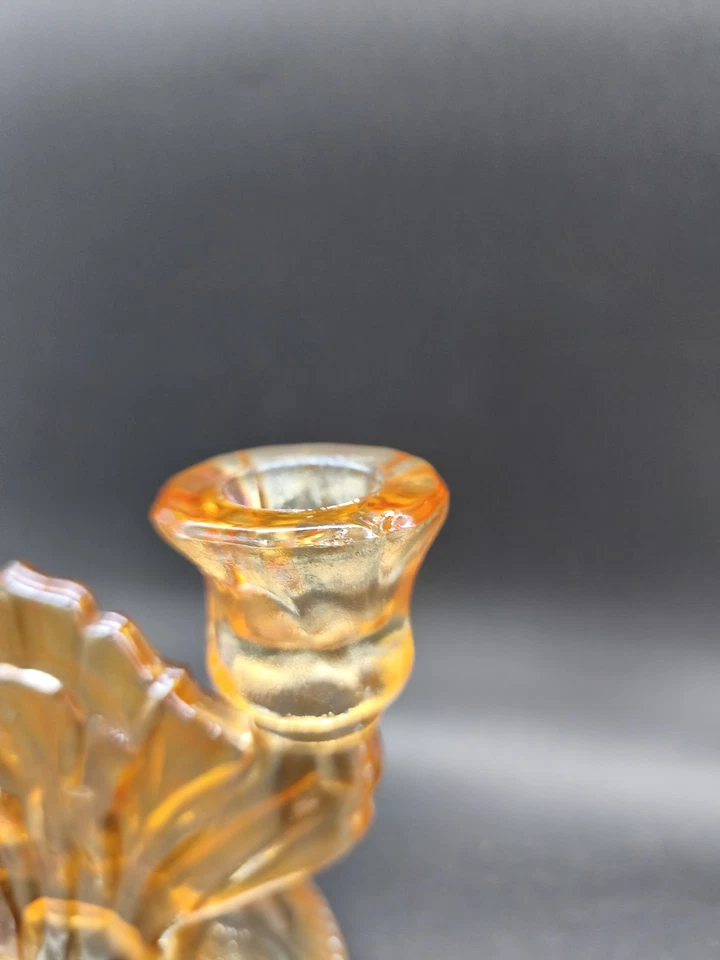 Paire bougeoirs verre ambré irisé Art Déco 14 cm chandelier vintage - Photo 4/4