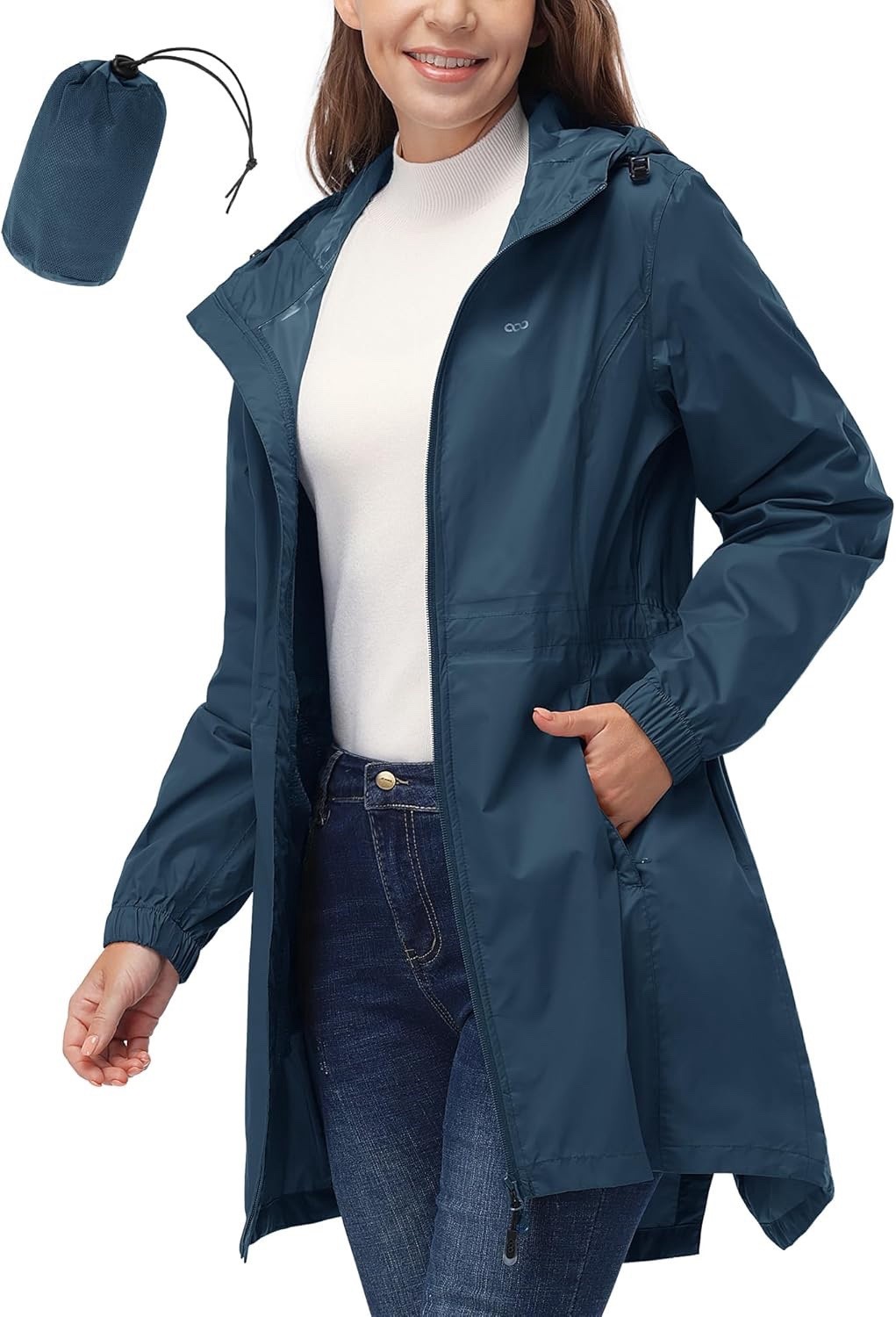 Women's Waterproof Long Rain Coats Packable Rain Jacket