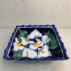 VTG Talavera Hand Painted Calla Lily Square Servng Bowl Pottery Mexican Folk Art