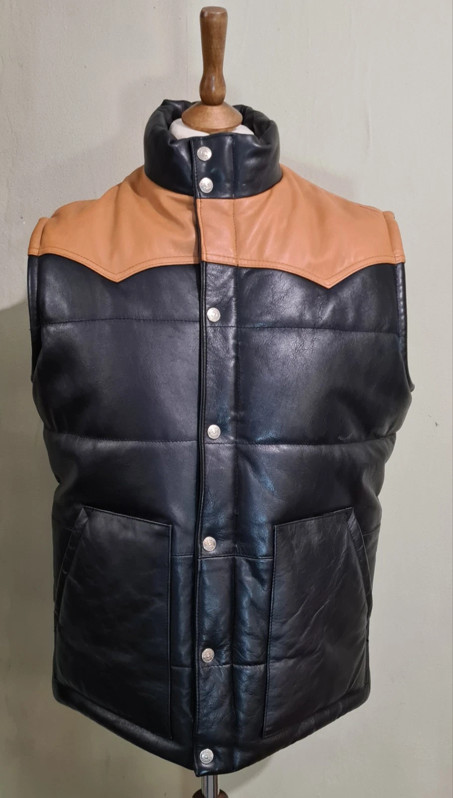 Schott NYC Two-tone Padded Western Leather Vest Gilet Black Size Large