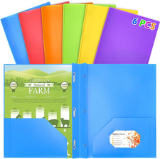 6 Packs Plastic Folders with Pockets and Prongs, Multicolor Pocket Folders with
