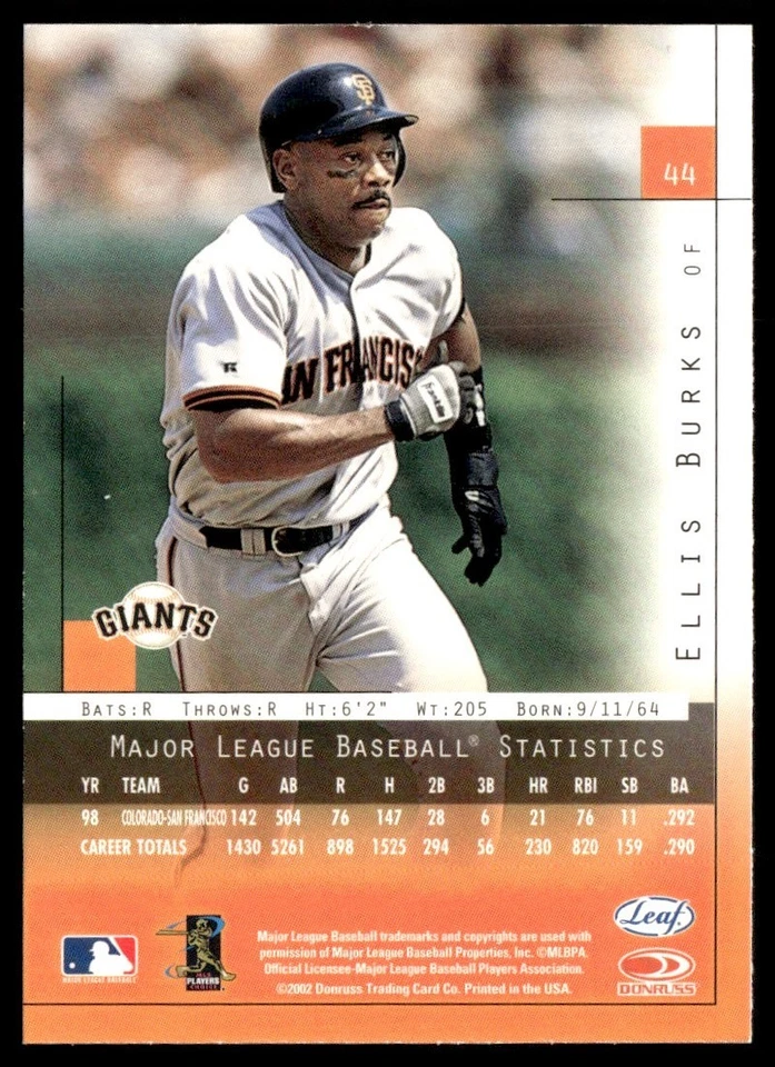 2002 Leaf Lineage Ellis Burks Cleveland Indians #44 - Image 2 of 2