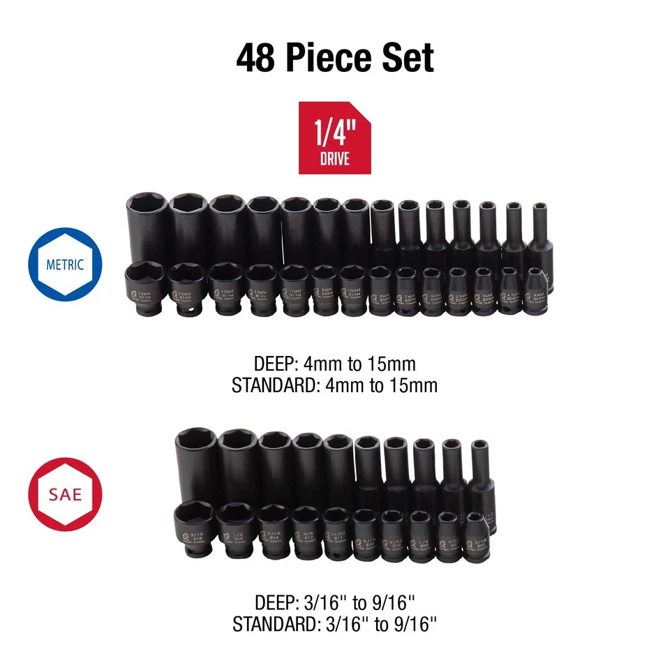 1848, 1/4 Inch Drive Master Impact Socket Set, 48-Piece, SAE/Metric, 3/16 Inc... - Image 2 of 4