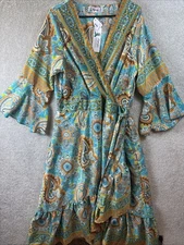 Lapogee Boho Wrap Dress 1X Paisley Floral Print Bell Sleeve Maxi Bohemian NEW