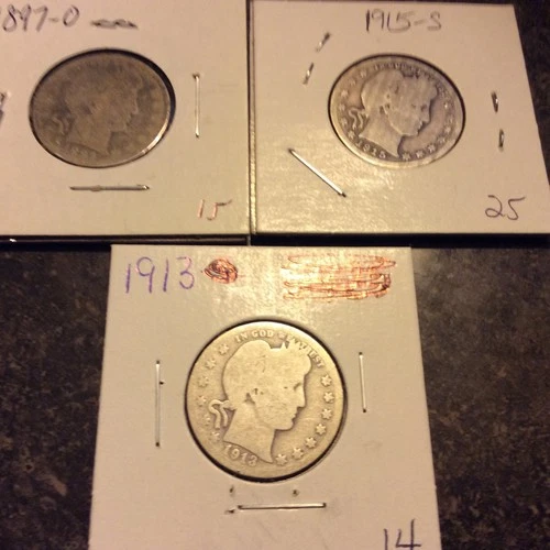 3 BARBER QUARTERS SILVER 1897-O 1913 1915-S BETTER DATES