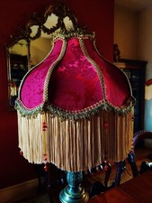 Parlour, handmade Victorian glass beaded lampshade. Burgundy red damask 14"