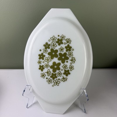 VTG Pyrex Spring Blossom Green Crazy Daisy Oval Casserole Lid 945C - 20 White