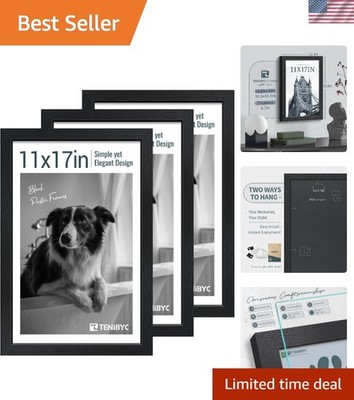 11x17 Picture Frames Black 3 Pack, Wide Border Solid Wood, Tempered Glass, Di...