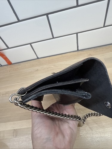 Vintage Mens Biker Trucker Black Leather Wallet Chain Snap Zip Pocket USA WORN - Picture 20 of 24