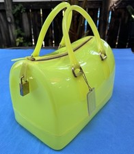 FURLA Acid  Yellow Candy Silicone Double Handlers Logo Gold/Lock Italy Size L