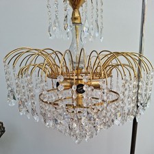 1of2 Vintage Brass Crystal Chandelier Ceiling 6 Light Tiered Glass Drop Pendant 