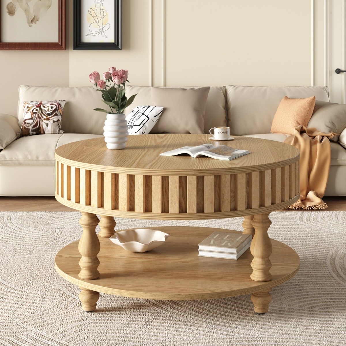 Modern Dual-Tier Round Solid Wood Coffee Table w/ Flip-Top Lid