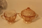 Federal Depression Glass Sharon Cabbage Rose Creamer & Sugar w/Lid Pink 1930s